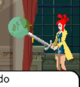 lynne from ghost trick with a sword in her hand with a globe on the sword